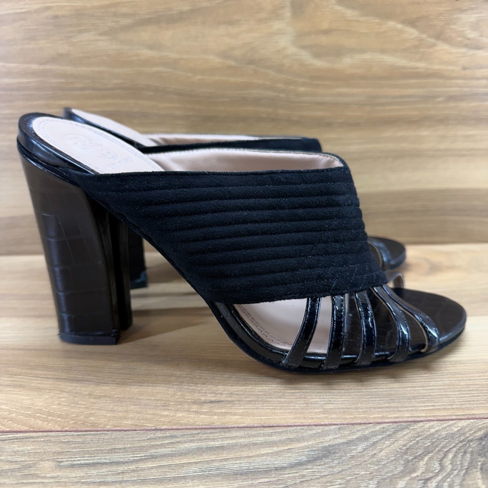 Toru Burch Brida Caged Heels Womens 8.5 Black Patent Leather Suede Peep Toe